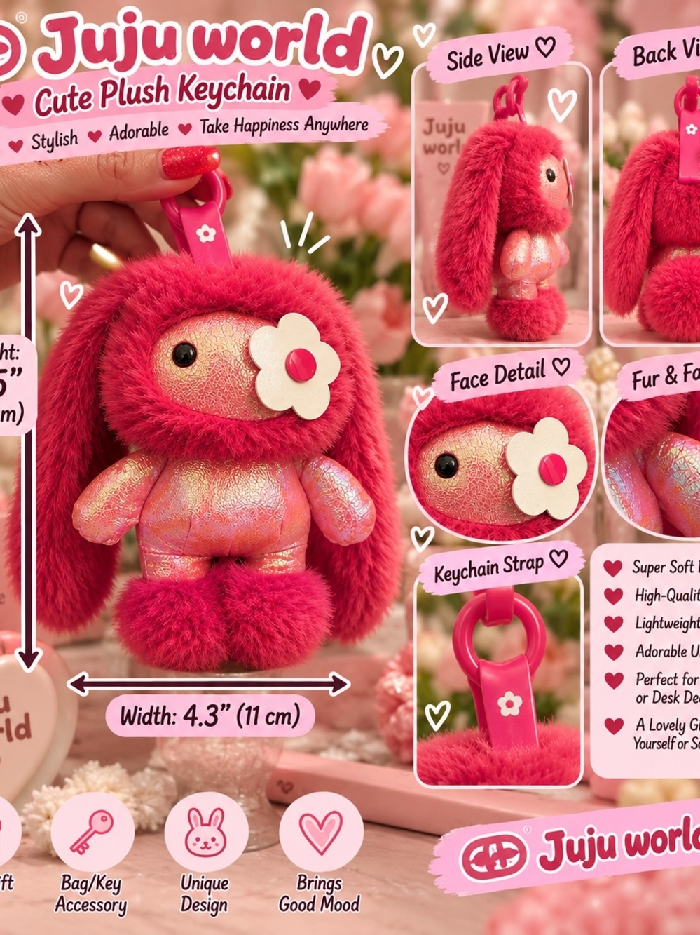 Juju World Plush Keychain - Pink Bunny Charm